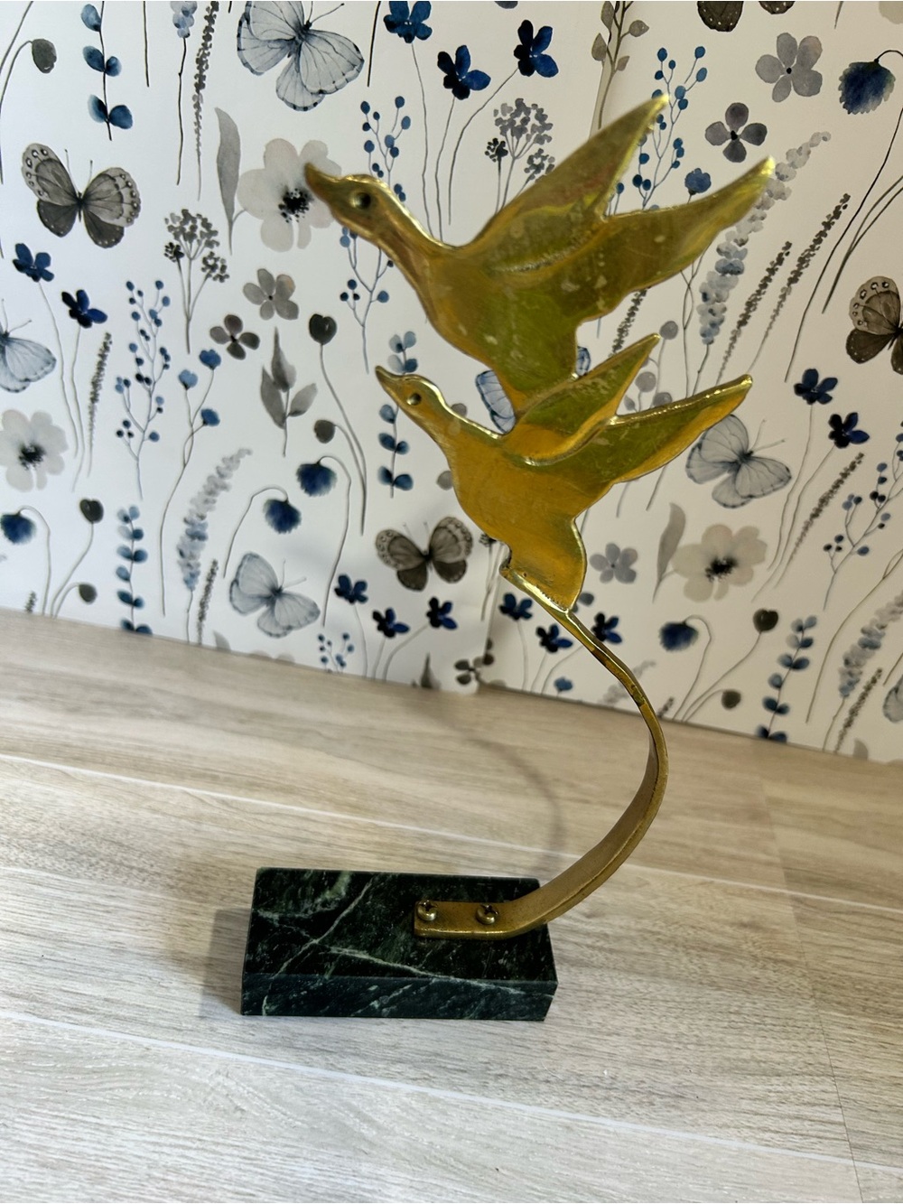 Vintage MCM Brass Geese Flying Sculpture on Marble Base